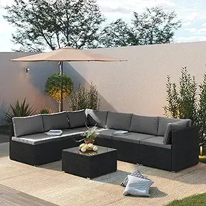 7 Piece Patio Furniture Set, Outdoor Patio Conversation Set, All-Weather Rattan Wicker Sectional Sofa Couch w Water Resistant Th