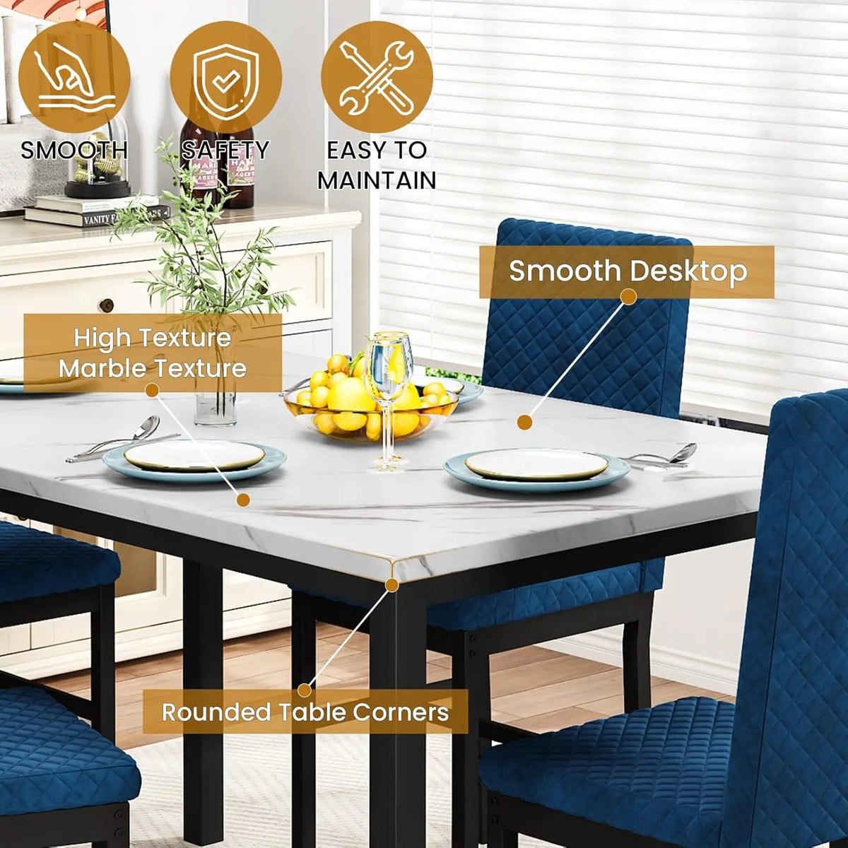 Dining Table Set for 4 Kitchen Table and Chairs Set of 4 Faux Marble Kitchen and Dining with Velvet Upholstered Dinner Chairs