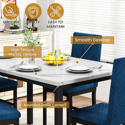Dining Table Set for 4 Kitchen Table and Chairs Set of 4 Faux Marble Kitchen and Dining with Velvet Upholstered Dinner Chairs
