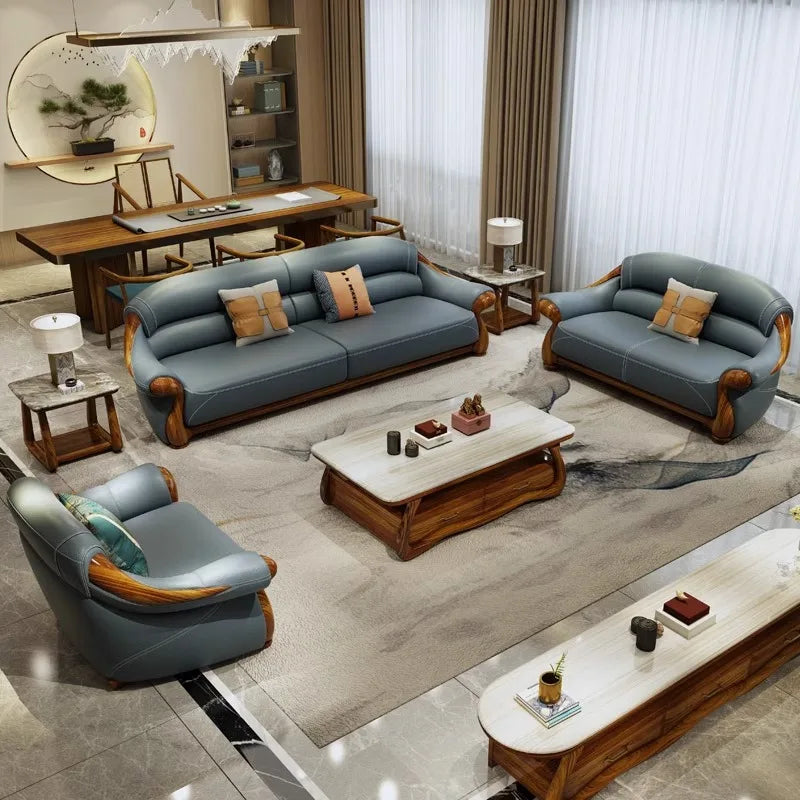 Solid wood sofa combination, first-layer cowhide sofa, ebony wood leather sofa