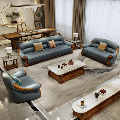 Solid wood sofa combination, first-layer cowhide sofa, ebony wood leather sofa