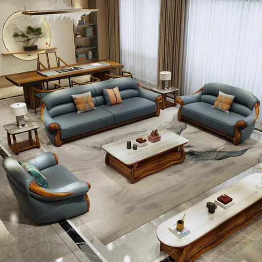Solid wood sofa combination, first-layer cowhide sofa, ebony wood leather sofa