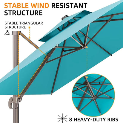 9' X 12' Double Top Cantilever Patio Umbrella - Heavy Duty Offset Umbrella with 360° Rotation for Garden Deck Pool Patio, Turquo