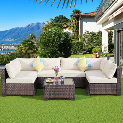 outdoor patio furniture set: 7-piece wicker modular conversation sectional sofa with cushions and coffee table
