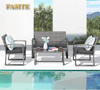4pcs Outdoor Patio Furniture Set, Outdoor Wicker Conversation Set, Patio Rattan Chair Set, Modern Bistro Set with Coffee Table