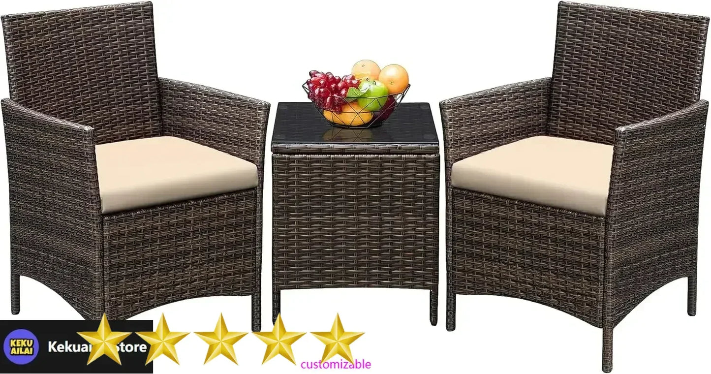 New2025-3 Pieces Patio Furniture Sets Outdoor PE Rattan Wicker Chairs with Soft Cushion and Glass Coffee Table for Garden Backya