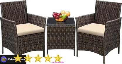 New2025-3 Pieces Patio Furniture Sets Outdoor PE Rattan Wicker Chairs with Soft Cushion and Glass Coffee Table for Garden Backya