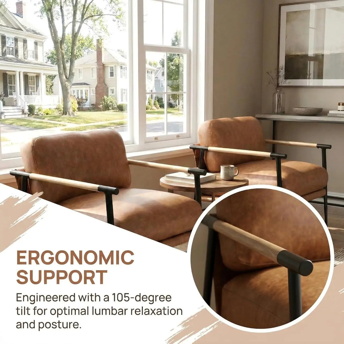 Mid-Century Leather Accent Chair Brown Modern Living Room Chair with Metal Legs Armchair Upholstered Comfy Leisure, Customized