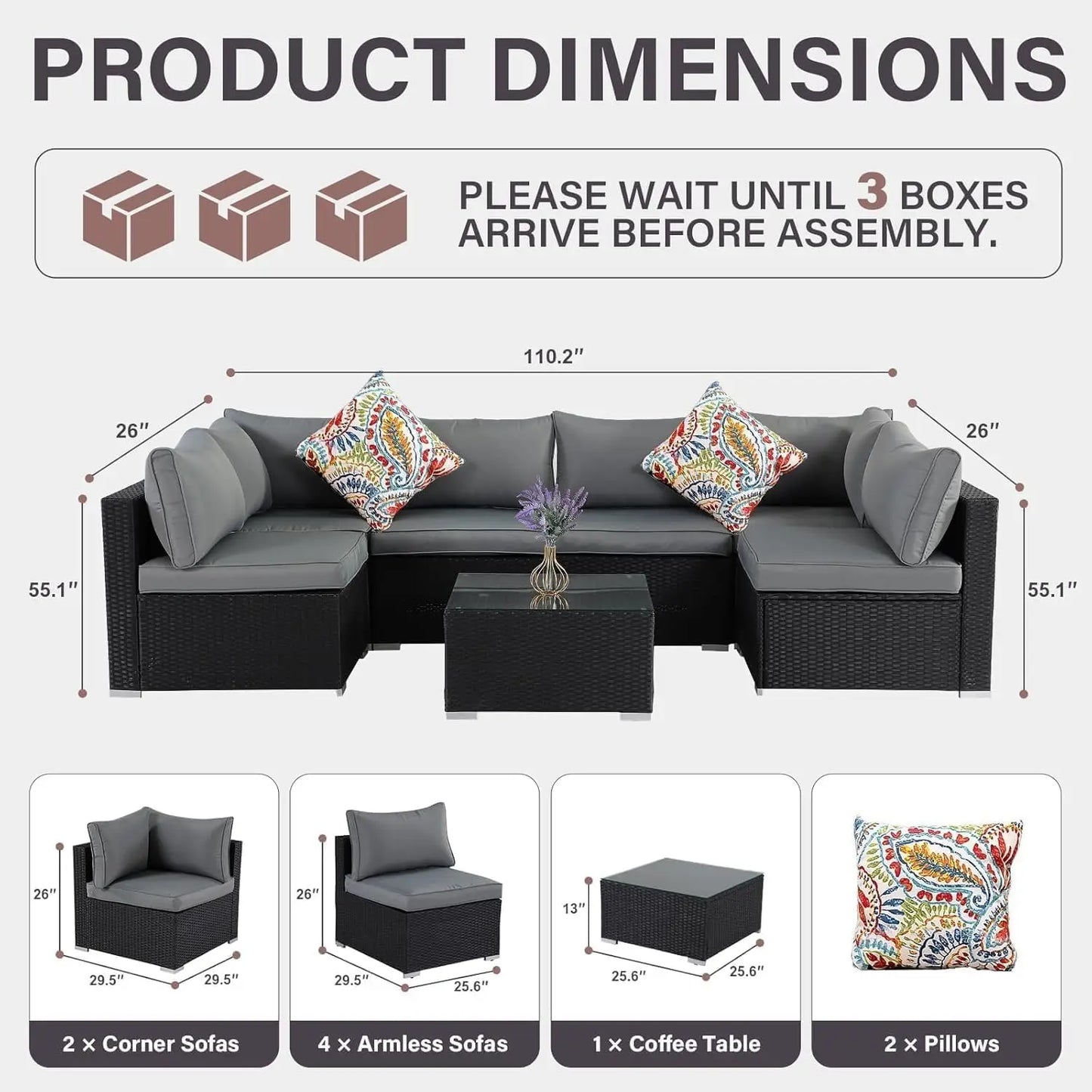 7pc All-Weather Wicker Sectional Sofa Set Modular Rattan Conversation Thick Cushions Glass Table Backyard Poolside Deck Custom