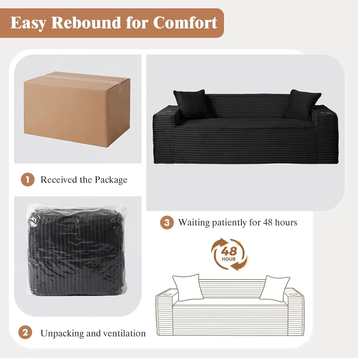 3 Seat Modular Deep Seat Sofa Set with Cup Holder & Side Pocket, Living Room Furniture, Black, Customized
