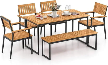 6 Pieces Outdoor Acacia Wood Dining Set, Patio Table and Chairs Set with Bench for 6-7 People, Outdoor Dining Furniture