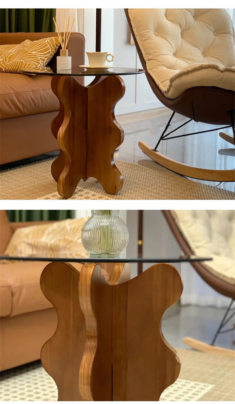 Table d'appoint de luxe légère en bois massif, Tables basses en verre nordique pour meubles de salon, Table d'angle pour petit appartement