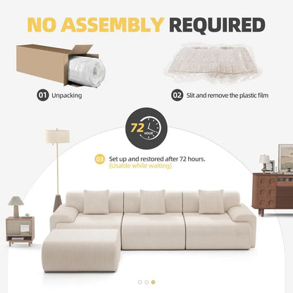 118" Modern L Shaped Modular Sectional Sofa, Boneless Cloud Couch with Ottoman, Oversized Corduroy Couch Deep Seat, 30D Sponge