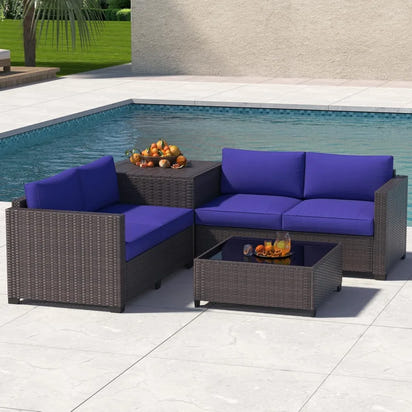 6 Piece Wicker Patio Furniture Set, Sectional Sofa with Glass Coffee Table & Large Storage Box, Loveseat Couch, Outdoor