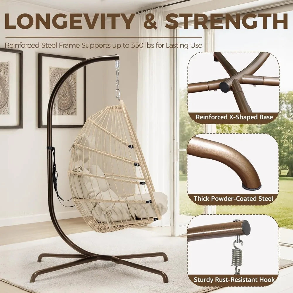 Cozy Hanging Egg Chair with Stand, Indoor Outdoor Wicker Swing with Cushion, 350lbs Capacity for Patio Deck Balcony