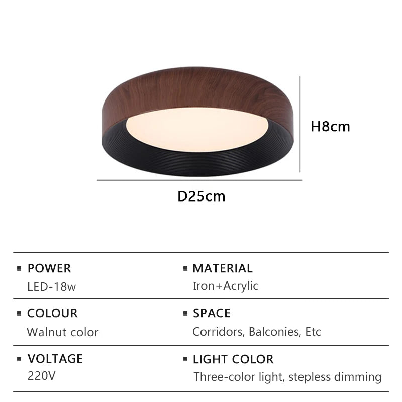 Nordic LED Ceiling Light Circular Walnut Wood Grain Aisle Light Dressing Room Corridor Balcony Decoration Indoor Ceiling Lamp