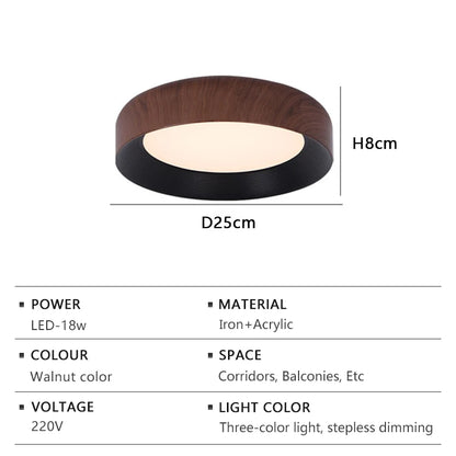 Nordic LED Ceiling Light Circular Walnut Wood Grain Aisle Light Dressing Room Corridor Balcony Decoration Indoor Ceiling Lamp