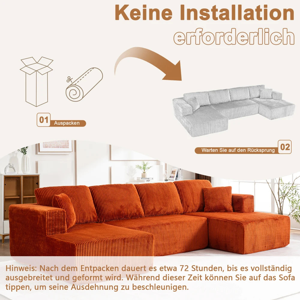 Living Room Boneless Modular Sofa, Corduroy Fabric, Modern U-shaped Leisure Sofa, High-density Sponge, No Assembly, for Home
