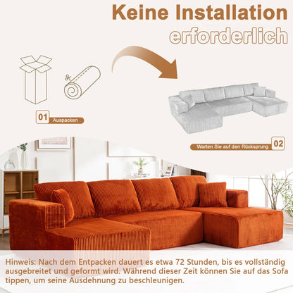 Living Room Boneless Modular Sofa, Corduroy Fabric, Modern U-shaped Leisure Sofa, High-density Sponge, No Assembly, for Home