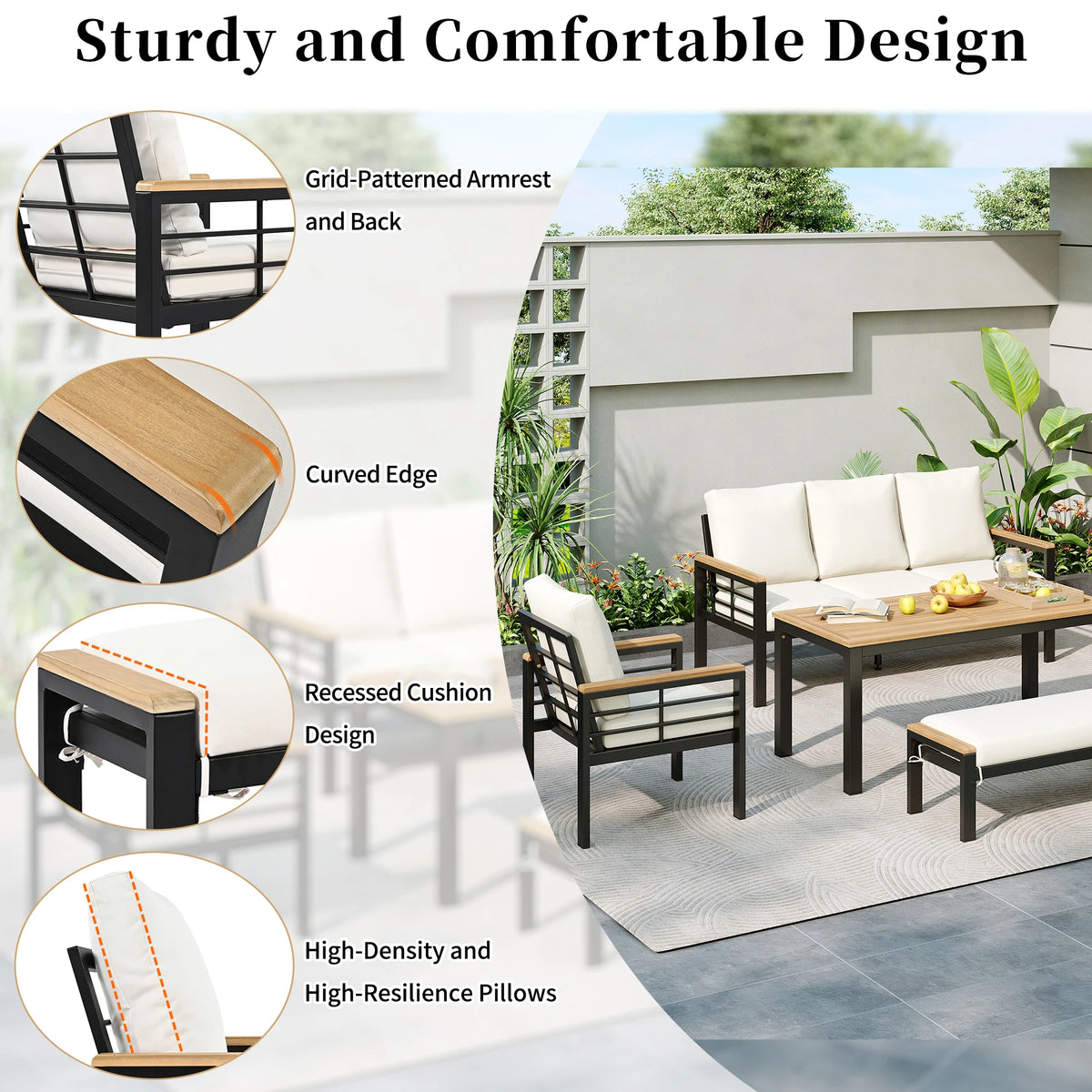 5-Piece Outdoor Furniture Set, 3-Seat Sofa, Patio Conversation Set with Cushions for Backyard, Poolside, Garden, Black with