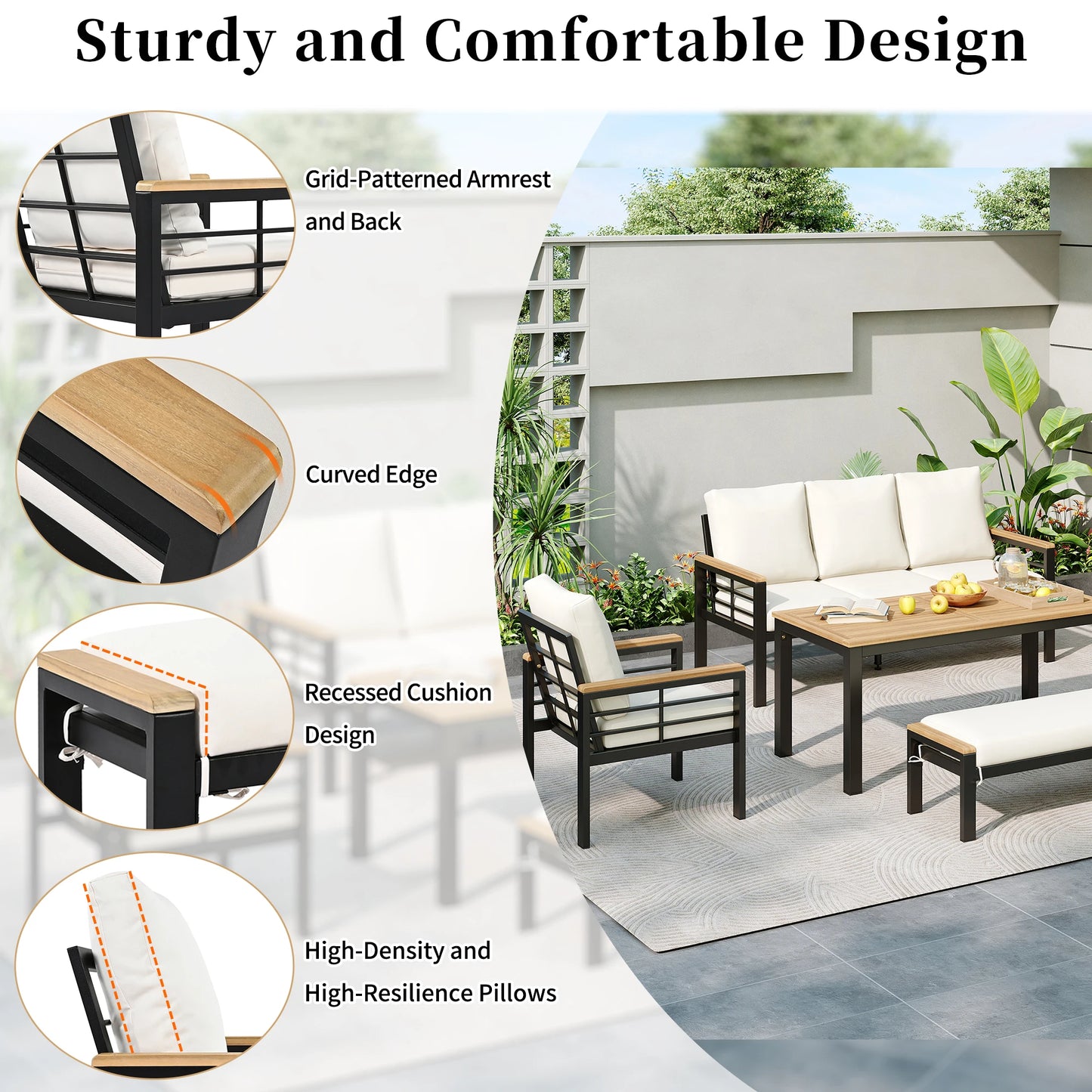 5-Piece Outdoor Furniture Set, 3-Seat Sofa, Patio Conversation Set with Cushions for Backyard, Poolside, Garden, Black with