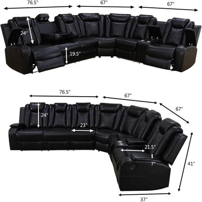 Power Recliner Living Room Set with LED, hape Breathing Leather Reclining Sectional Soa Couches or Home Theater Seat with Cup Ho