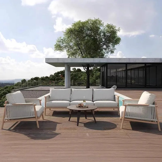Outdoor Sofa Teak Outdoor Balcony Courtyard Rope Weaving Outdoor Tea Table Combination Garden Solid Wood Furniture
