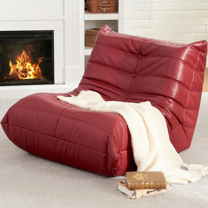 Memory Foam Beanbag Chair Single, Faux Leather for Living Room Wine Red