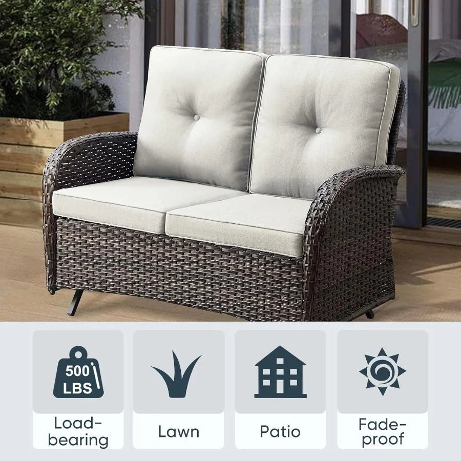 Outdoor Glider Bench Patio Loveseat with 500 Lbs Weight Capacity for Small Porch Deck and Backyard 2 Seater AllWeather Wicker S