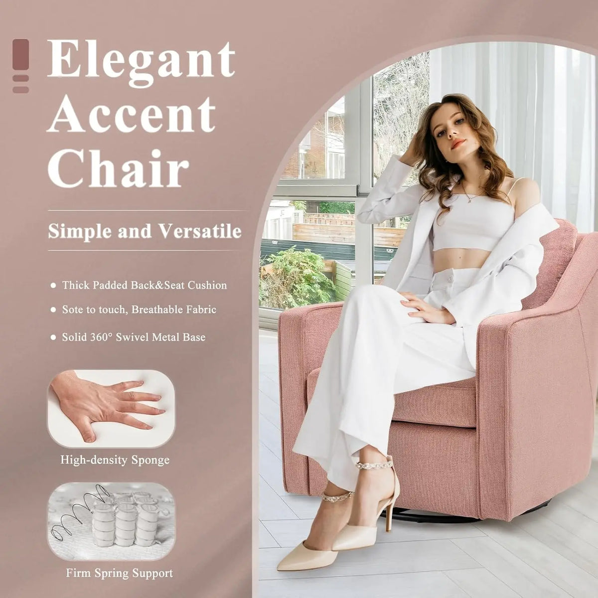 Swivel Accent Chair, 360° Rotation Chenille Fabric Upholstered Leisure Armchair with Lumbar Pillow for Living Room Bedroo