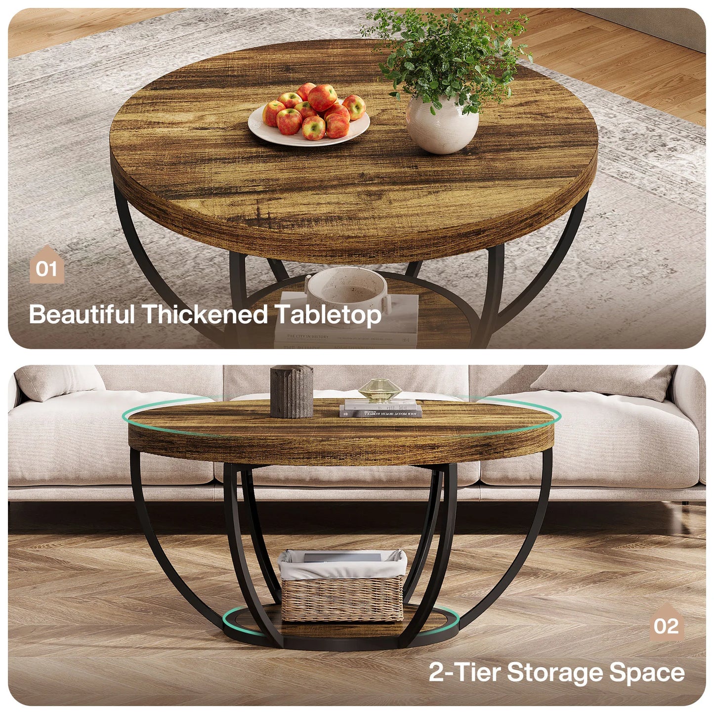 Tribesigns 31.7" Round Coffee Table, Industrial 2-Tier Circle Coffee Table with Storage Shelves, Modern Wooden Sofa Side Table