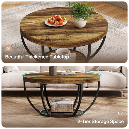 Tribesigns 31.7" Round Coffee Table, Industrial 2-Tier Circle Coffee Table with Storage Shelves, Modern Wooden Sofa Side Table