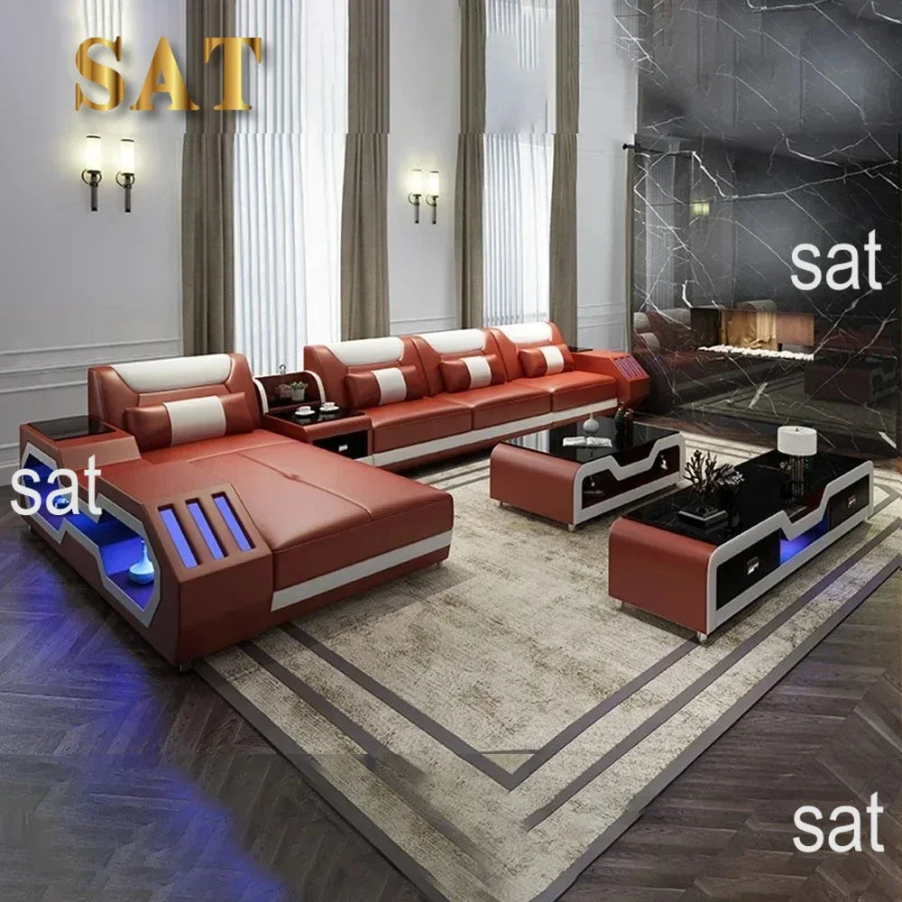 Modern LED Lighted Sofa Set with Recliner, Adjustable Headrest & Console | Luxury Leather Sectional Couch | Futuristic Furniture
