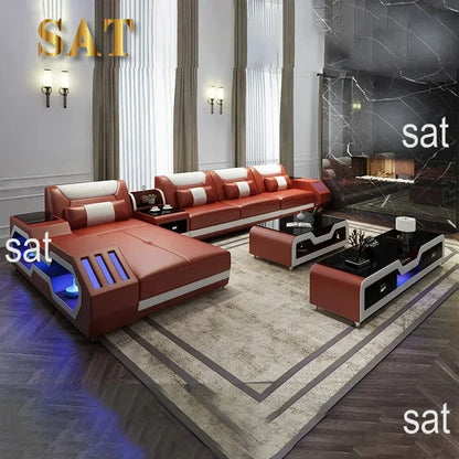 Modern LED Lighted Sofa Set with Recliner, Adjustable Headrest & Console | Luxury Leather Sectional Couch | Futuristic Furniture