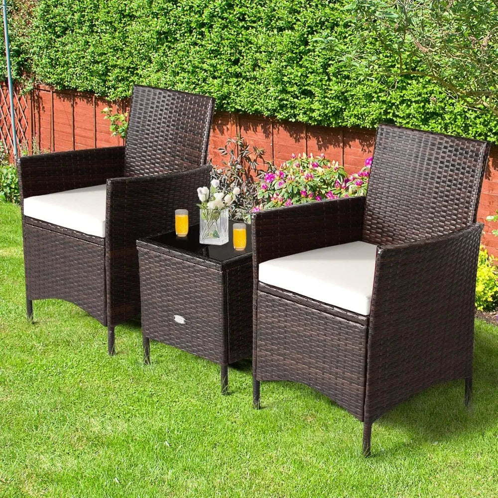 3 Pieces Rattan Patio Bistro Set, PE Wicker Furniture Set Outdoor Conversation Set with Coffee Table & Soft Cushions