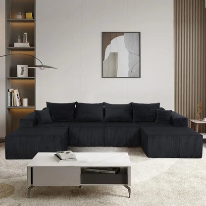 Modular U-Shaped Sectional Sofa in Black, Convertible Oversized Couch with Chaise Lounge, No Assembly Required, Soft Corduroy