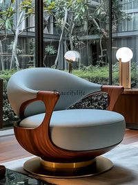 1PJ12New Chinese-style villa large flat-floor study leather walnut rotating ingot chair single sofa