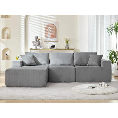 107-inch Cloud-Style Sofa, Modular Sofa with L-Shaped Chaise Longue, Corduroy Frameless Sofa, Living Room Upholstered Sofa