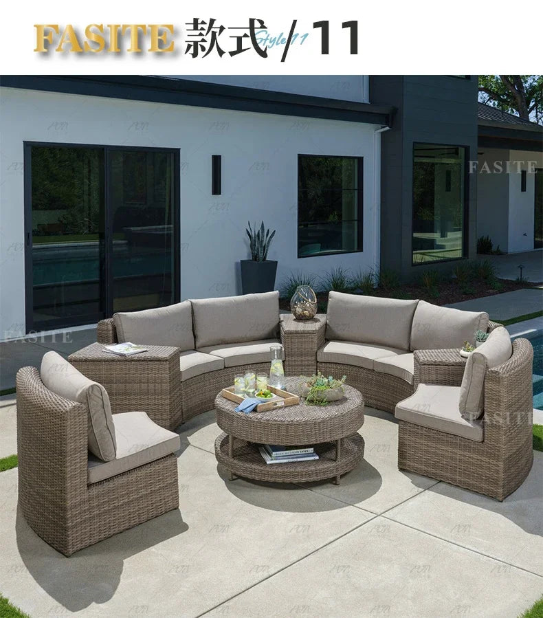 Sofa, courtyard, garden, leisure, outdoor living room, semi circular curved rattan chair, terrace, outdoor furniture combination