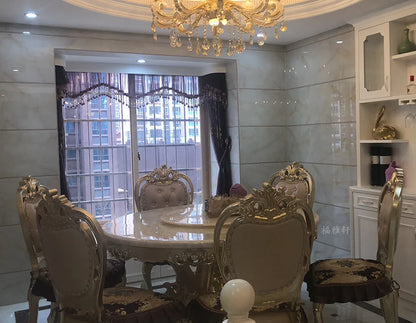 European white ice jade marble gold round dining table and chair combination European luxury solid wood dining table