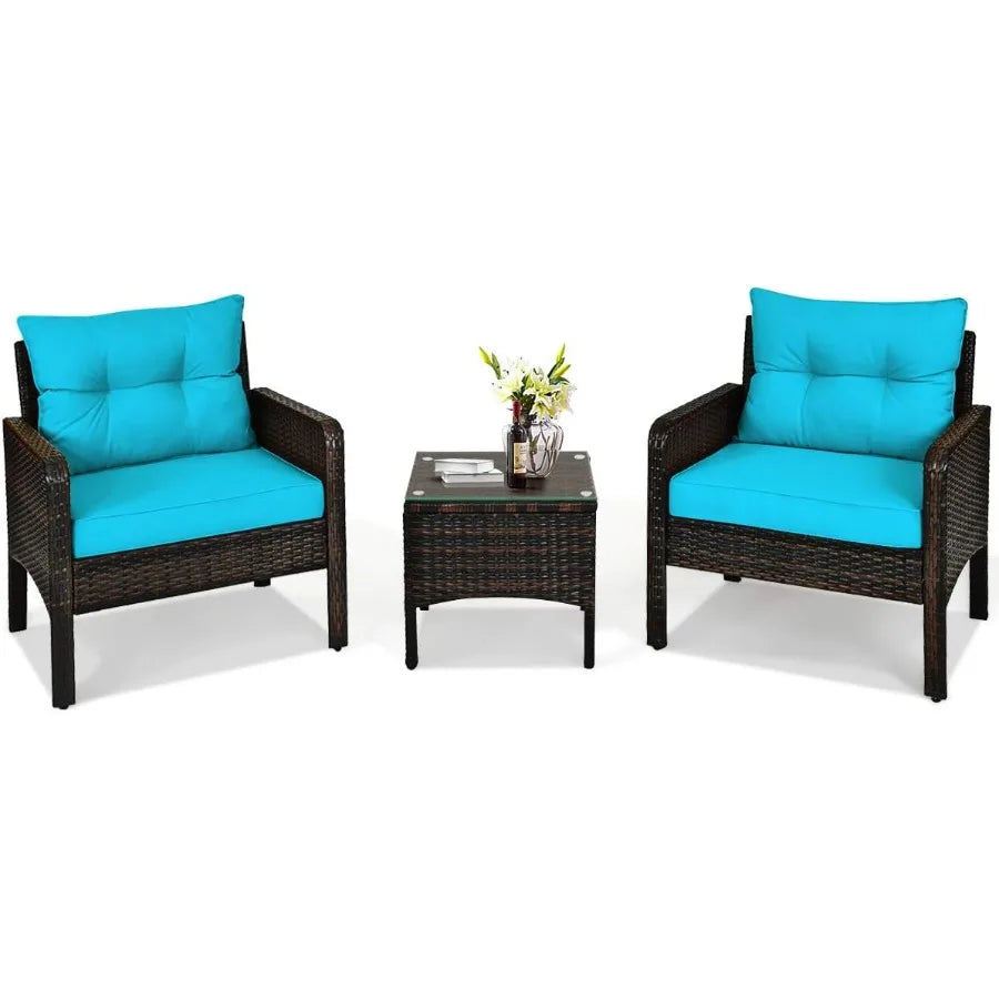 3PCS Patio Furniture Set Outdoor Wicker Cushioned Sofa Set with Coffee Table All Weather Rattan Conversation Set for Ga