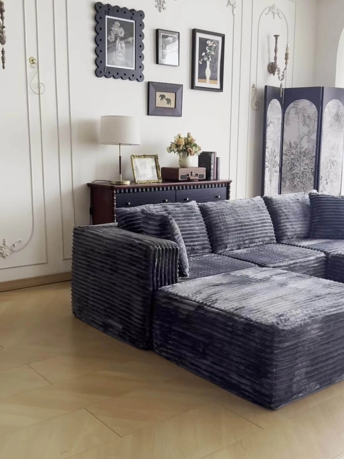 110.24-inch modular combination sofa U-shaped sofa with lounge chair striped fabric four-seater soft cushion sofa for living
