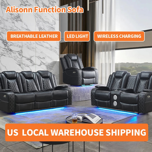 Power Reclining Sofa Couch with Wireless Charger 3 Seaters Recliner  Reading Light Leather Bluetooth Speaker Theater Seating LED