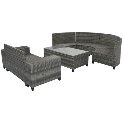 8-pieces Outdoor Wicker Round Sofa Set, Half-Moon Sectional Sets All Weather, Curved Sofa Set With Rectangular Coffee Table, PE