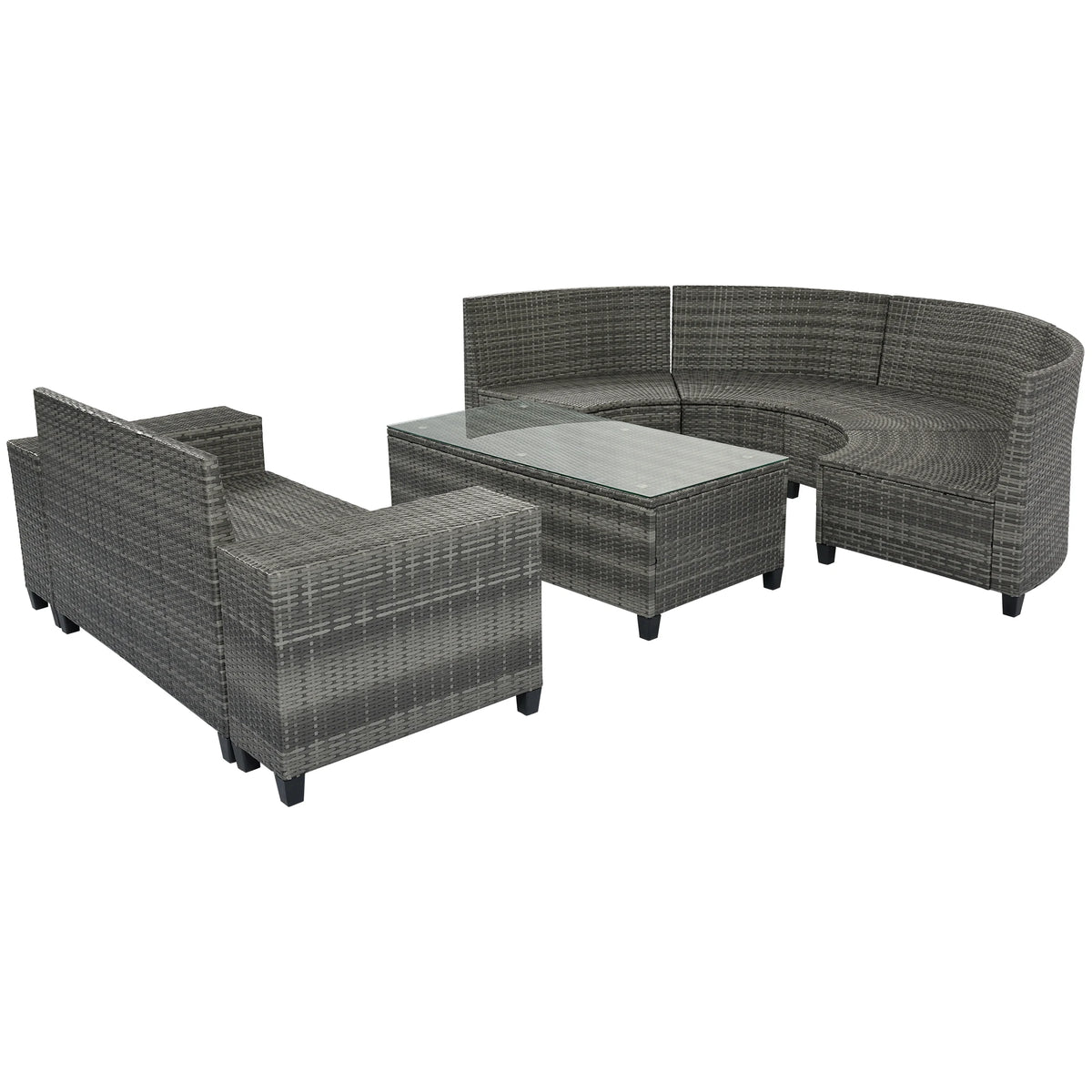 8-pieces Outdoor Wicker Round Sofa Set, Half-Moon Sectional Sets All Weather, Curved Sofa Set With Rectangular Coffee Table, PE