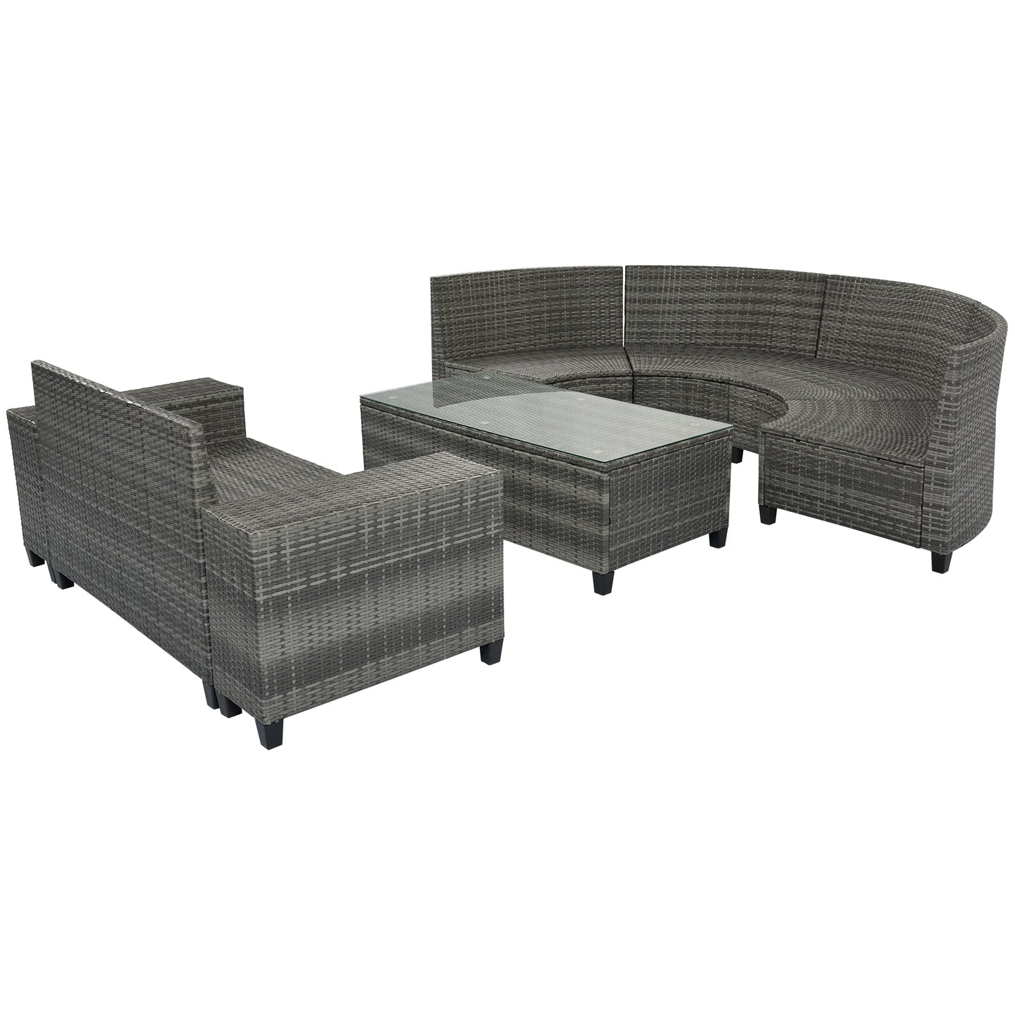 8-pieces Outdoor Wicker Round Sofa Set, Half-Moon Sectional Sets All Weather, Curved Sofa Set With Rectangular Coffee Table, PE