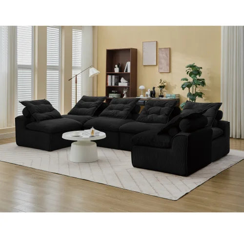 Modular black sofa with 6 seats, no armrests, DIY at will, corduroy fabric, neck pillow, rear porch sofa chair