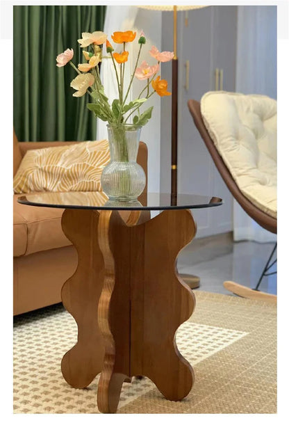 Table d'appoint de luxe légère en bois massif, Tables basses en verre nordique pour meubles de salon, Table d'angle pour petit appartement