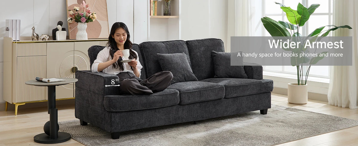 89 Inch 3 Seater Chenille Upholstered Couch Plush Deep Seat Cloud Sofa Gray Soft Upholstered Furniture for Living Room Bedroom Apartment Office Small Space