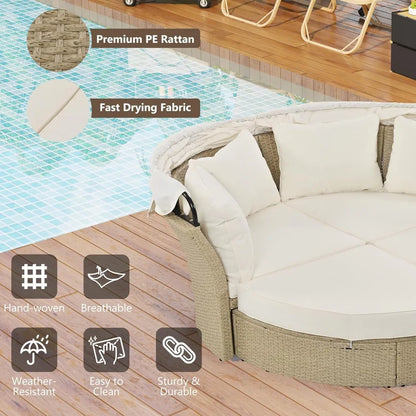 Outdoor Canopy Bed Patio Daybed with 4 Pillows, Wicker Rattan Double Daybed Round Sofa Furniture Set with Retractable Canopy, 2